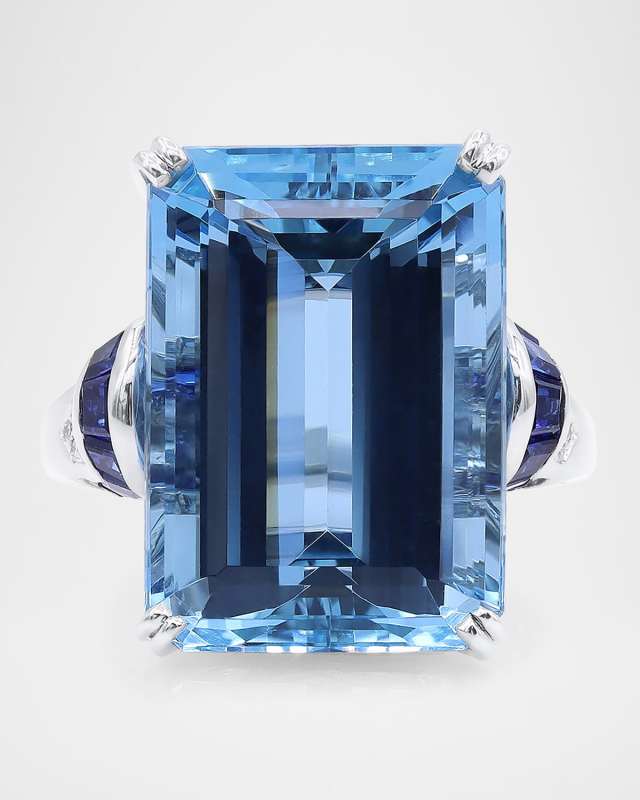 Platinum Diamond, Aquamarine and Blue Sapphire Statement Ring, Size 6.5